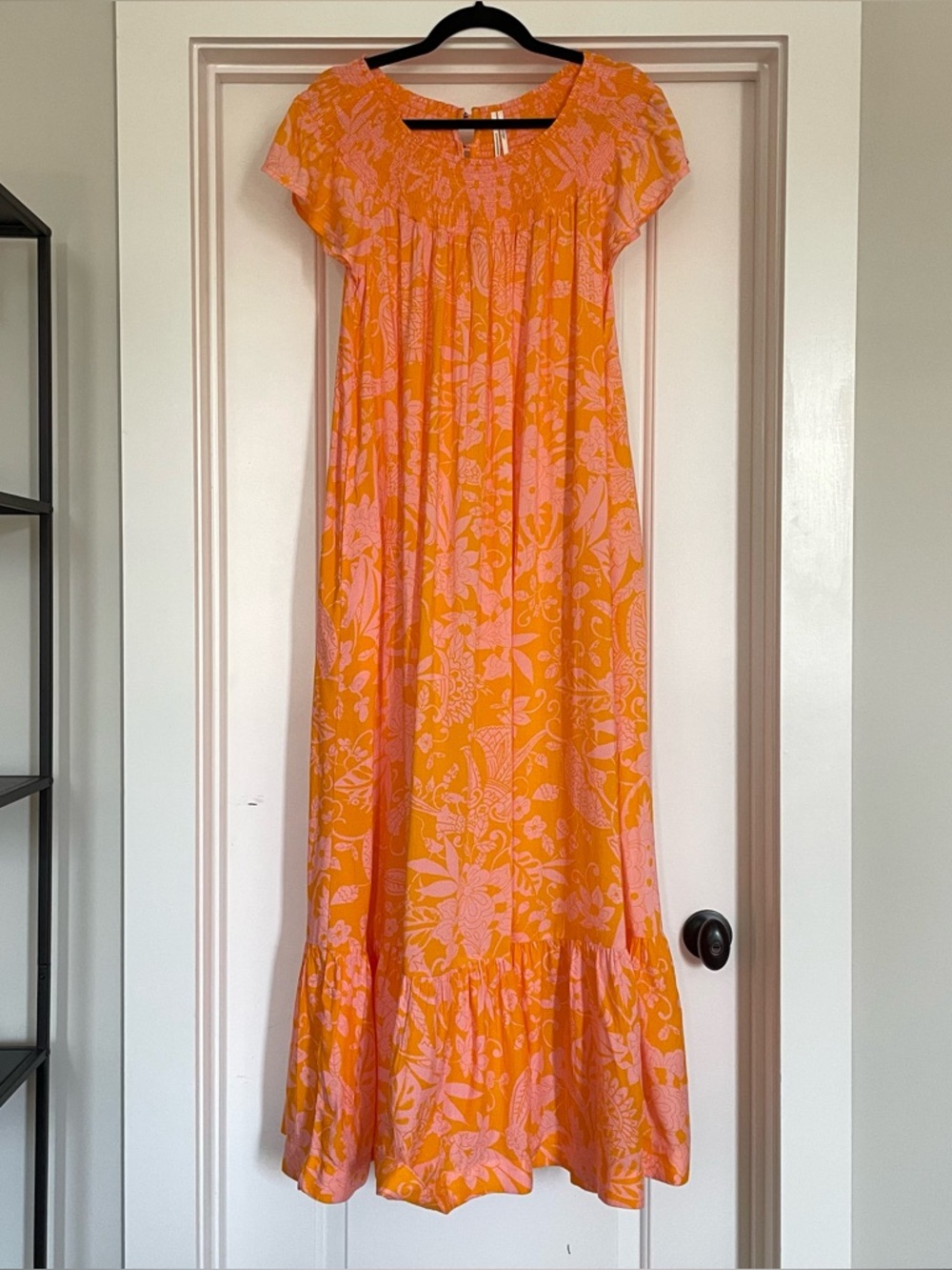 Anthropologie Arielle Sleep Maxi Dress Floral Smocked Orange Pink Size Small